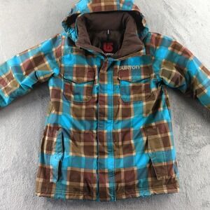 Burton Jacket Youth Large 14/16 Brown Blue Plaid Hooded DRYRIDE Snowboard Coat
